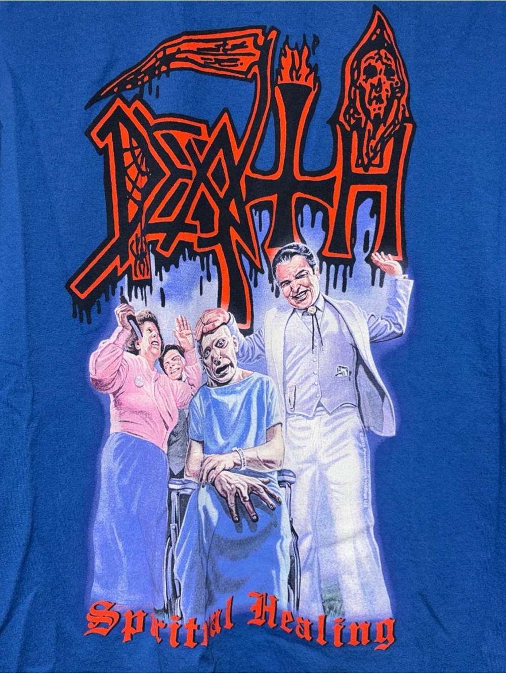 Vintage Y2K DEATH Spiritual Healing Blue Shirt XL Alstyle tag Slayer Metal - Picture 2 of 4